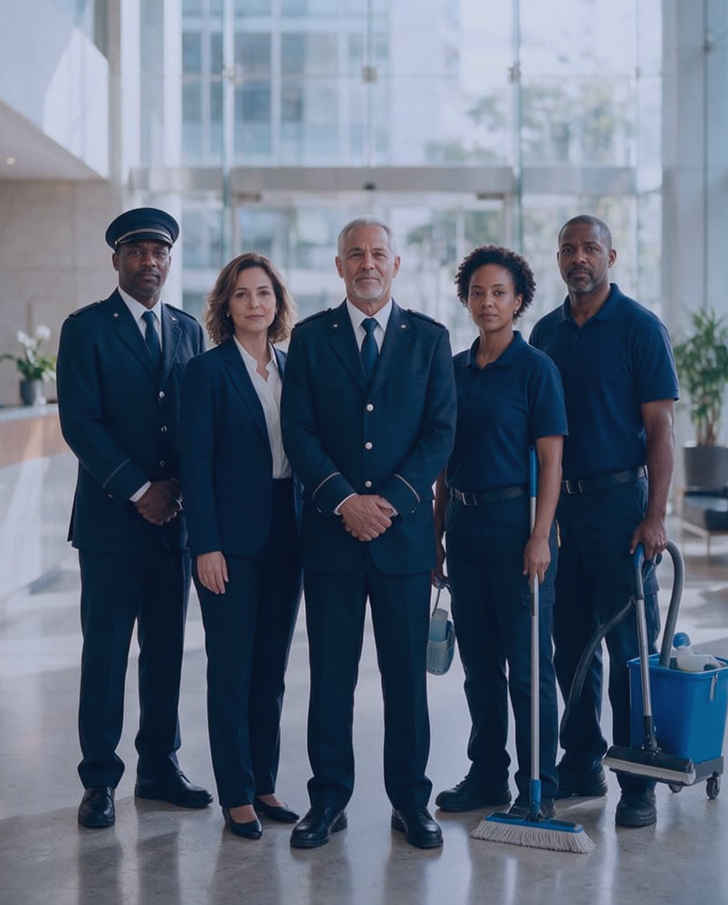 Equipe do Grupo BrasilServ: porteiros, recepcionista e auxiliares de limpeza uniformizados no hall de um edifício